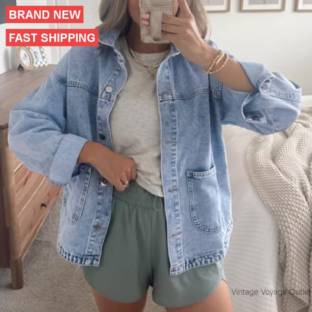 Oversized Denim Jacket with Pockets, Button Up Lo… - image 5